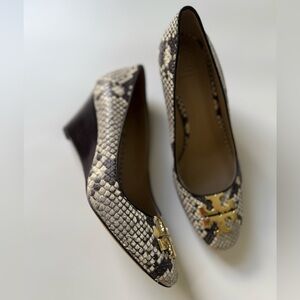 Tory Burch Black and Cream Snakeskin Wedges